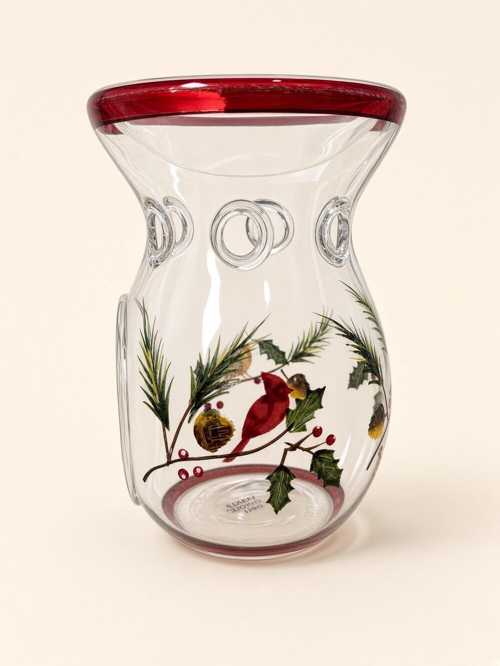 Yankee Candle Glass Warmer Red Rim Painted Birds Holly Pine In Package